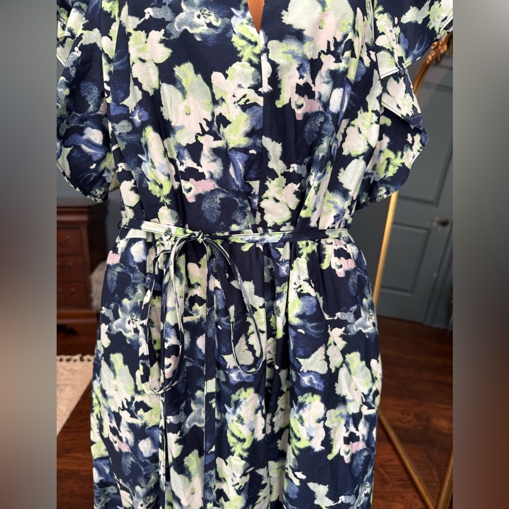 Floral Midi Dress Navy Green Tie Waist Pockets Short Sleeve 1X - Picture 5 of 8